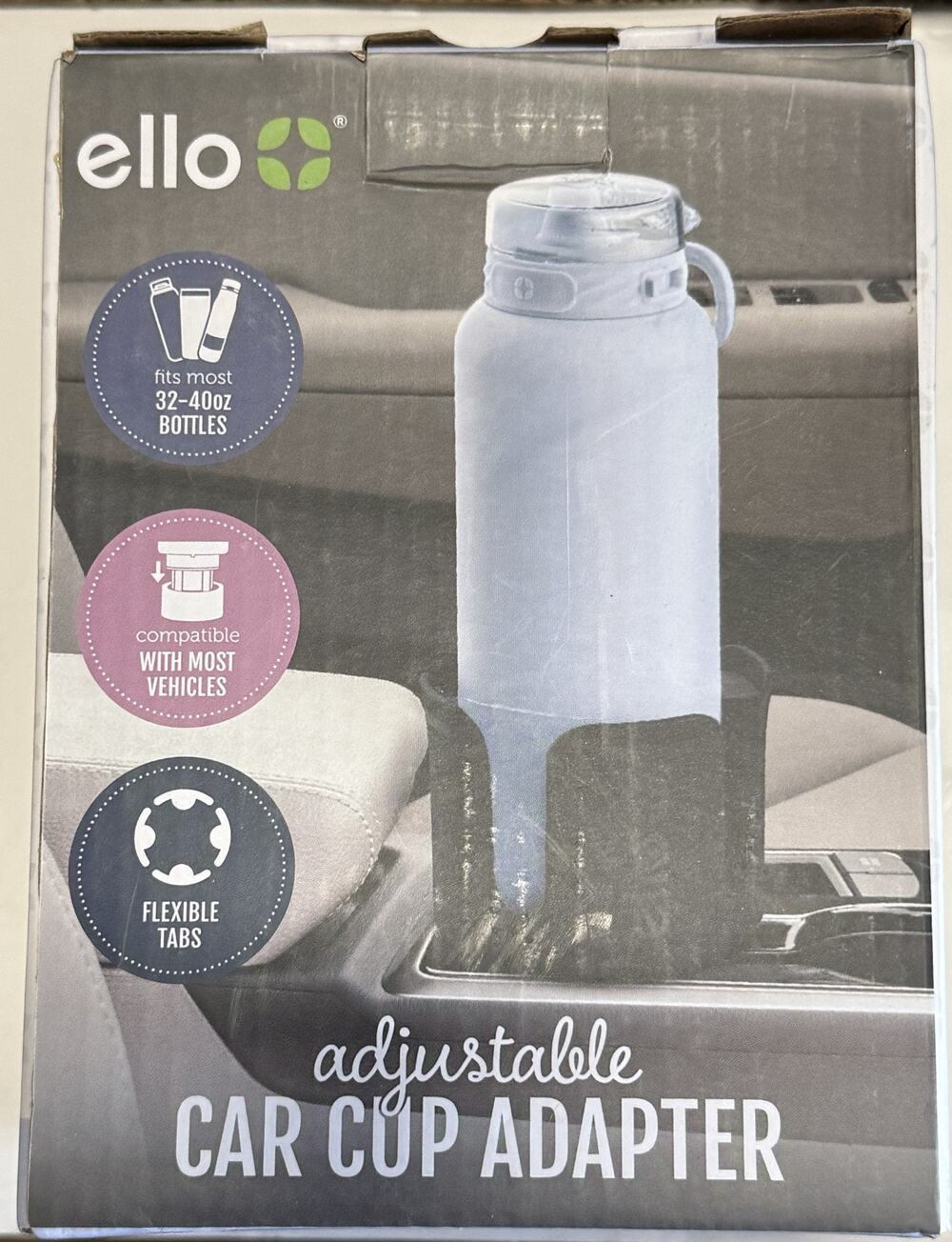 Ello Adjustable Car Cup Adapter Fits Water Bottles in Cup Holders Black New